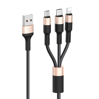 кабель hoco x26 xpress 3in1 usb - (lightning+microusb+type-c) 2.0a/1m (чорно-золотий) 