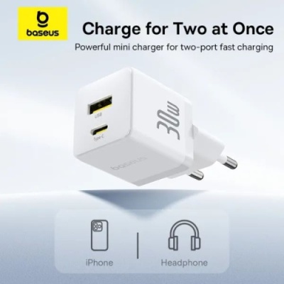 мережевий зарядний пристрій baseus palm fast charger (p1011160a213-01) 1usb/qc3.0 + 1type-c/pd 30w + (type-c - type-c 60w) (білий) 