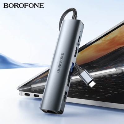 usb hub borofone dh16 6-в-1 type-c to hdmi+pd+usb3.0+usb2.0*2+rj45(l=0.15m) (сірий) 