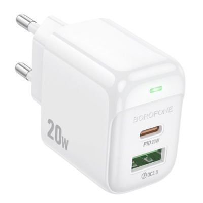 мережевий зарядний пристрій borofone bas44a 1usb/18w/qc3.0 + 1type-c/20w/pd (білий) 
