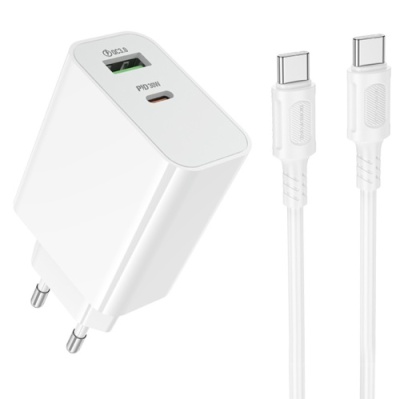 мережевий зарядний пристрій borofone ba108a 1usb/18w/qc3.0 + 1type-c/30w/pd + (type-c - type-c) (білий) 