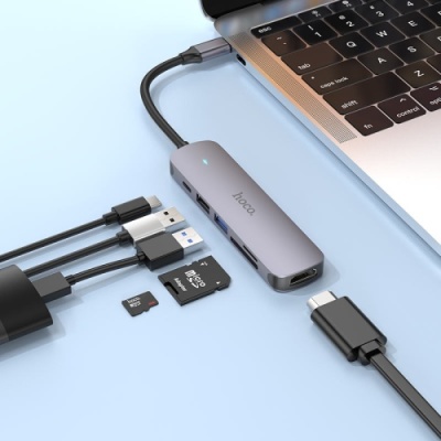 usb hub hoco hb28 type-c multi-function converter (hdtv+usb3.0+usb2.0+sd+tf+pd) (металево-сірий) 