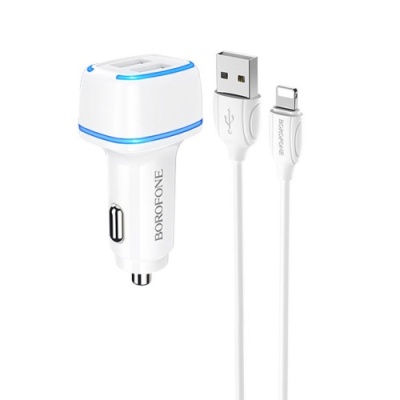 Автомобільний Зарядний Пристрій Borofone BZ14 2USB/2.4A + (USB - Lightning) (Білий)