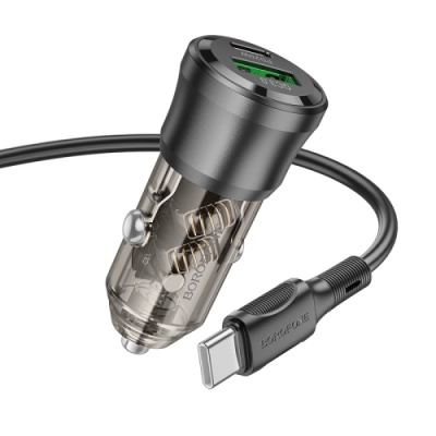 Автомобільний Зарядний Пристрій Borofone BZ25 38W 1USB/18W/QC3.0 + 1Type-C/20W/PD + (Type-C - Type-C) (Прозоро-Чорний)