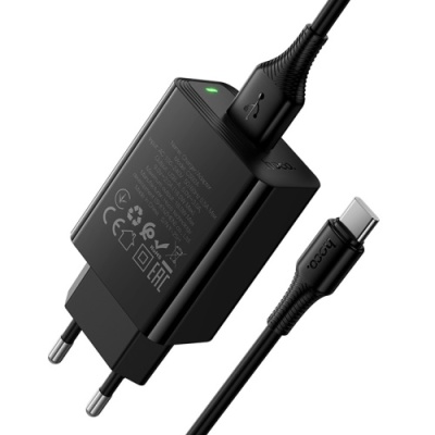 мережевий зарядний пристрій hoco cs92a 1usb/18w/qc3.0 + (usb - type-c) (чорний) 