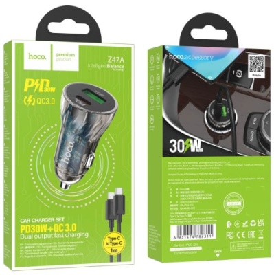 Автомобільний Зарядний Пристрій Hoco Z47A Transparent 1USB/18W/QC3.0 + 1Type-C/30W/PD + (Type-C - Type-C) (Прозорий чорний)