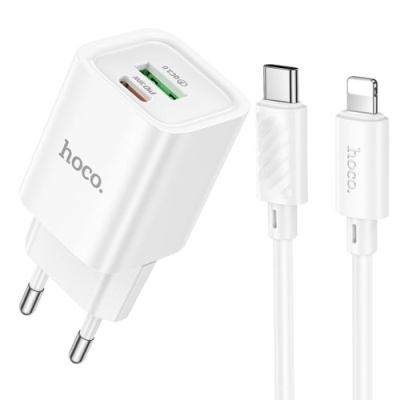мережевий зарядний пристрій hoco c149a 1usb/18w/qc3.0 + 1type-c/30w/pd + (type-c - lightning) (бiлий) 