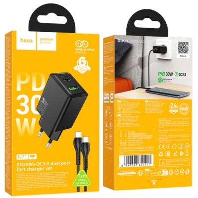 мережевий зарядний пристрій hoco n71 1usb/18w/qc3.0 + 1type-c/30w/pd + (type-c - type-c) (чорний) 