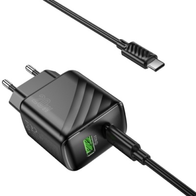 мережевий зарядний пристрій hoco cs25a 1usb/18w/qc3.0 + 1type-c/20w/pd + (type-c - type-c) (чорний) 