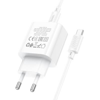 мережевий зарядний пристрій hoco c76a pro 1type-c/30w/qc3.0/pd + (type-c - type-c) (білий) 