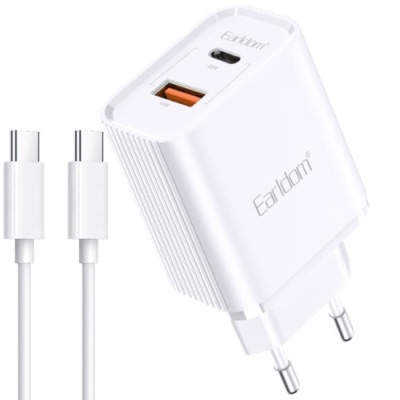 мережевий зарядний пристрій earldom es-eu37c-c 1usb/20w/qc3.0 + 1type-c/20w/pd + (type-c - type-c) (білий) 