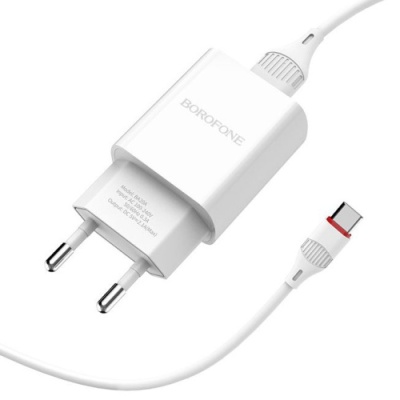 мережевий зарядний пристрій borofone ba20a 1usb/2.1a + (usb - type-c) (білий) 