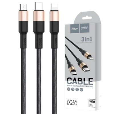 кабель hoco x26 xpress 3in1 usb - (lightning+microusb+type-c) 2.0a/1m (чорно-золотий) 