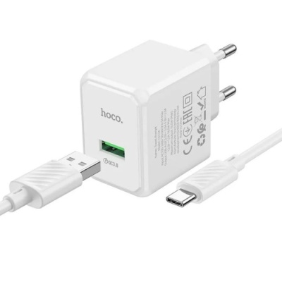 мережевий зарядний пристрій hoco cs12a 1usb/18w/qc3.0 + (usb - type-c) (білий) 