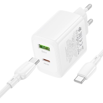 мережевий зарядний пристрій borofone bn30 1usb/18w/qc3.0 + 1type-c/45w/pd + (type-c - type-c) (білий) 