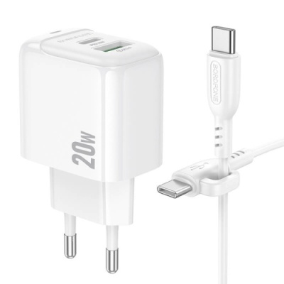 мережевий зарядний пристрій borofone bas44a 1usb/18w/qc3.0 + 1type-c/20w/pd + (type-c - type-c) (білий) 