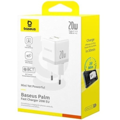 мережевий зарядний пристрій baseus palm fast charger (p10111608213-00) 1usb/qc3.0 + 1type-c/pd 20w (білий) 