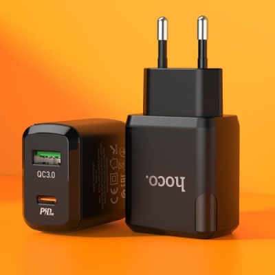 мережевий зарядний пристрій hoco n5 1usb/18w/qc3.0 + 1type-c/20w/pd (чорний) 