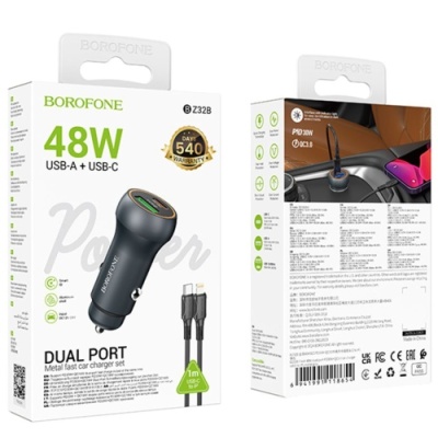 Автомобільний Зарядний Пристрій Borofone BZ32B 48W 1Type-C/30W/PD + 1USB/18W/QC3.0 + (Type-C - Lightning) (Сірий)