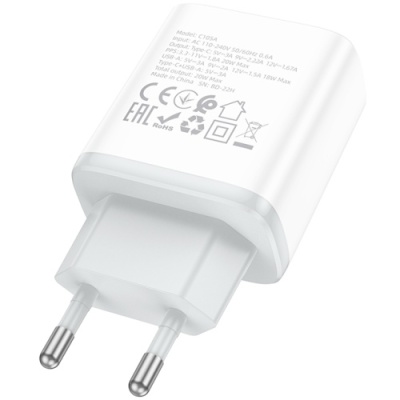 мережевий зарядний пристрій hoco c105a 1usb/18w/qc3.0 + 1type-c/20w/pd (білий) 