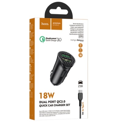 Автомобільний Зарядний Пристрій Hoco Z39 Farsighted 2USB/18W/QC3.0 + (USB - Type-C) (Чорний)