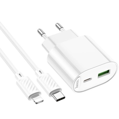 мережевий зарядний пристрій hoco c109a new 1usb/18w/qc3.0 + 1type-c/20w/pd + (type-c - lighting) (білий) 