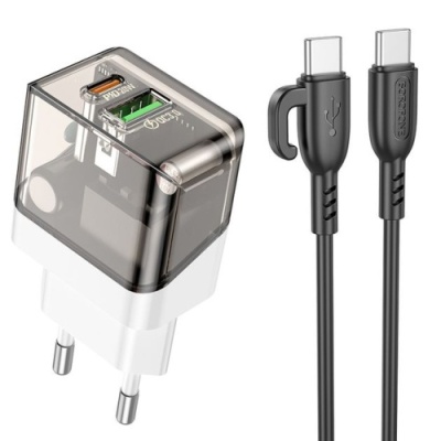 мережевий зарядний пристрій borofone ba80a 1usb/18w/qc3.0 + 1type-c/20w/pd + (type-c - type-c) (прозоро-чорний) 