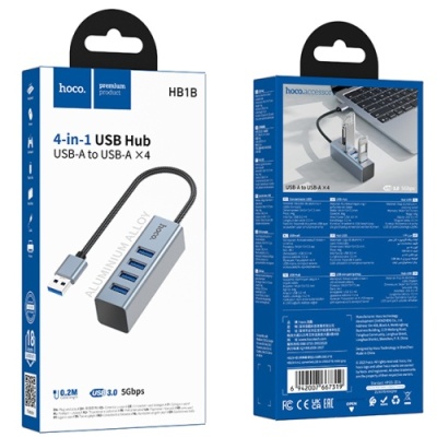 usb hub hoco hb1b 4in1 (usb to usb3.0*4) (сірий) 