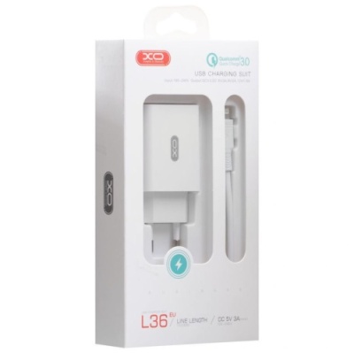 мережевий зарядний пристрій xo l36 1usb/18w/qc3.0 + (usb - lightning) (бiлий) 