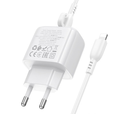 мережевий зарядний пристрій borofone bas44a 1usb/18w/qc3.0 + 1type-c/20w/pd + (type-c - lightning) (білий) 