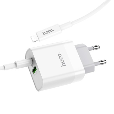 мережевий зарядний пристрій hoco c80a 1usb/18w/qc3.0 + 1type-c/20w/pd + (type-c - lightning) (білий) 