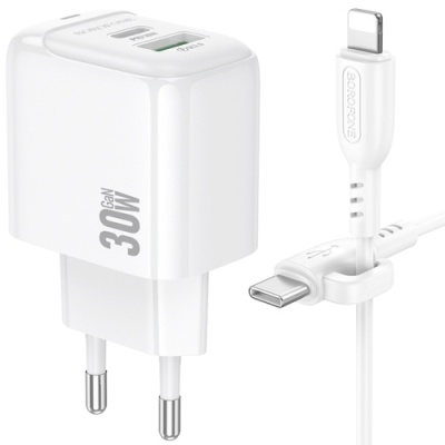 мережевий зарядний пристрій borofone bas45a 1usb/18w/qc3.0 + 1type-c/30w/pd + (type-c - lightning) (білий) 