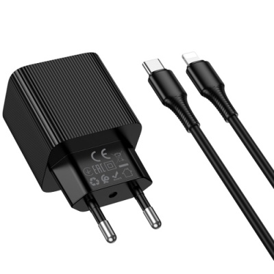 мережевий зарядний пристрій hoco cs83a 1usb/18w/qc3.0 + 1type-c/20w/pd + (type-c - lightning) (чорний) 