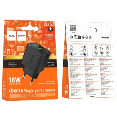 мережевий зарядний пристрій hoco cs81a 1usb/18w/qc3.0 (чорний) 