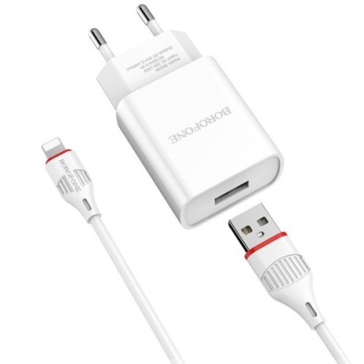 мережевий зарядний пристрій borofone ba20a 1usb/2.1a + (usb - lightning) (білий) 
