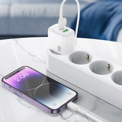 мережевий зарядний пристрій borofone bas45a 1usb/18w/qc3.0 + 1type-c/30w/pd + (type-c - lightning) (білий) 