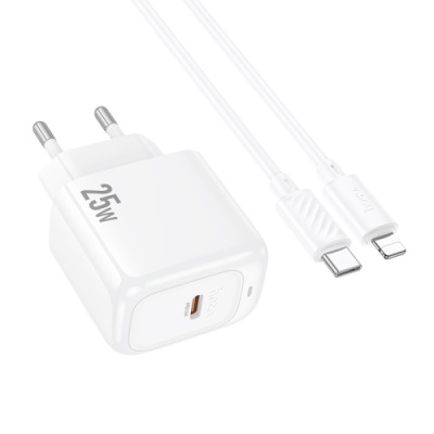 мережевий зарядний пристрій hoco cs53a 1type-c/25w/pd + (type-c - lightning) (бiлий) 