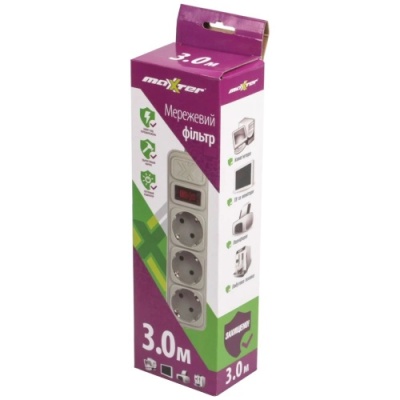 мережевий фільтр maxxter spm3-g-10g, сірий, 3 м кабель, 3 розетки 