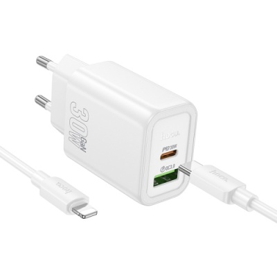 мережевий зарядний пристрій hoco n63 1usb/18w/qc3.0 + 1type-c/30w/pd + (type-c - lightning) (білий) 