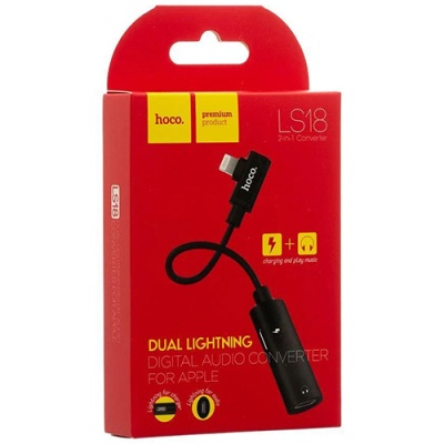 перехідник hoco ls18 lightning - (lightning audio+lightning charge) (червоний) 