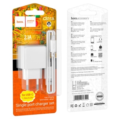 мережевий зарядний пристрій hoco cs11a 1usb/2.1a + (usb - type-c) (білий) 
