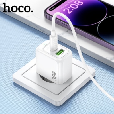 мережевий зарядний пристрій hoco cs55a 1usb/18w/qc3.0 + 1type-c/30w/pd + (type-c - lightning) (білий) 