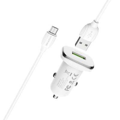 Автомобільний Зарядний Пристрій Borofone BZ12A 1USB/18W/QC3.0 + (USB - MicroUSB) (Білий)