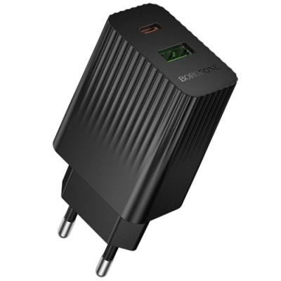 мережевий зарядний пристрій borofone bas74a 1usb/18w/qc3.0 + 1type-c/20w/pd (чорний) 