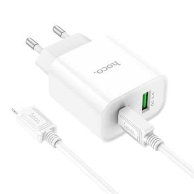 мережевий зарядний пристрій hoco c80a plus 1usb/18w/qc3.0 + 1type-c/20w/pd + (type-c - lightning) (білий) 