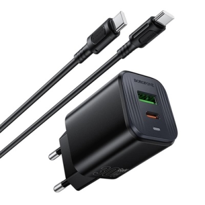 мережевий зарядний пристрій borofone bas85a pd30w + qc3.0 (1usb/1type-c/3a) + type-c - type-c (чорний) 