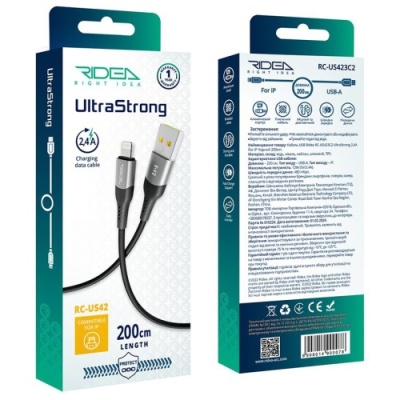 кабель ridea rc-us42 ultrastrong usb - lightning 12w 2m (чорний) 