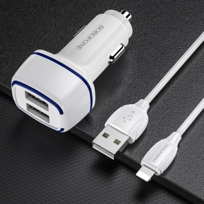 Автомобільний Зарядний Пристрій Borofone BZ14 2USB/2.4A + (USB - Lightning) (Білий)