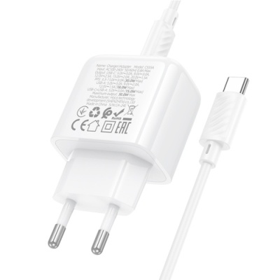 мережевий зарядний пристрій hoco cs55a 1usb/18w/qc3.0 + 1type-c/30w/pd + (type-c - type-c) (білий) 