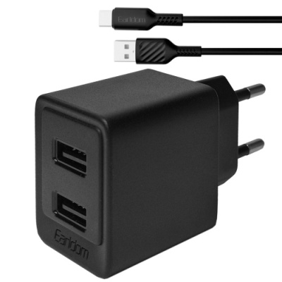 мережевий зарядний пристрій earldom es-eu44c 2usb/2.4a/12w + (usb - type-c) (чорний) 